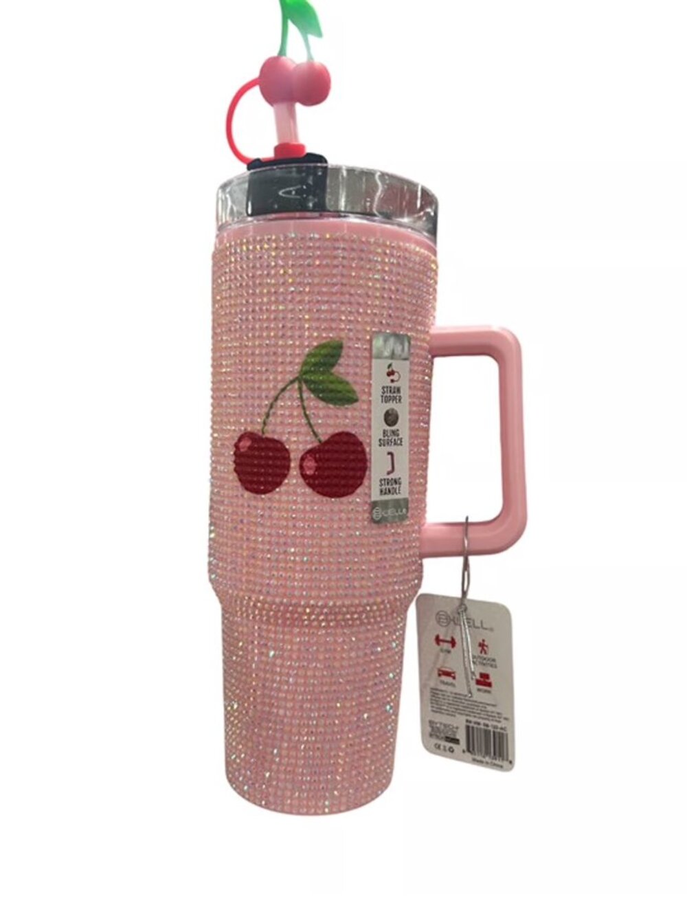 40oz Rhinestone Cherry Hydration Cup w/ Cherry Straw Cover Topper